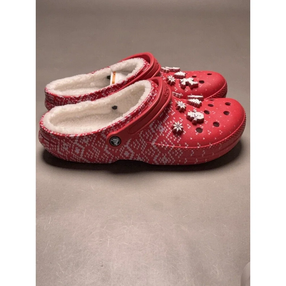Crocs Classic Fur Lined Holiday Christmas Charm Clog Slippers Red M 13 NWT